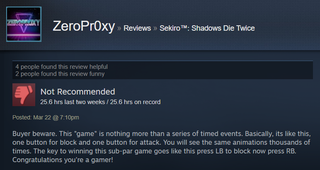 Illustration for article titled Sekiro: Shadows Die Twice, As Told By Steam Reviews